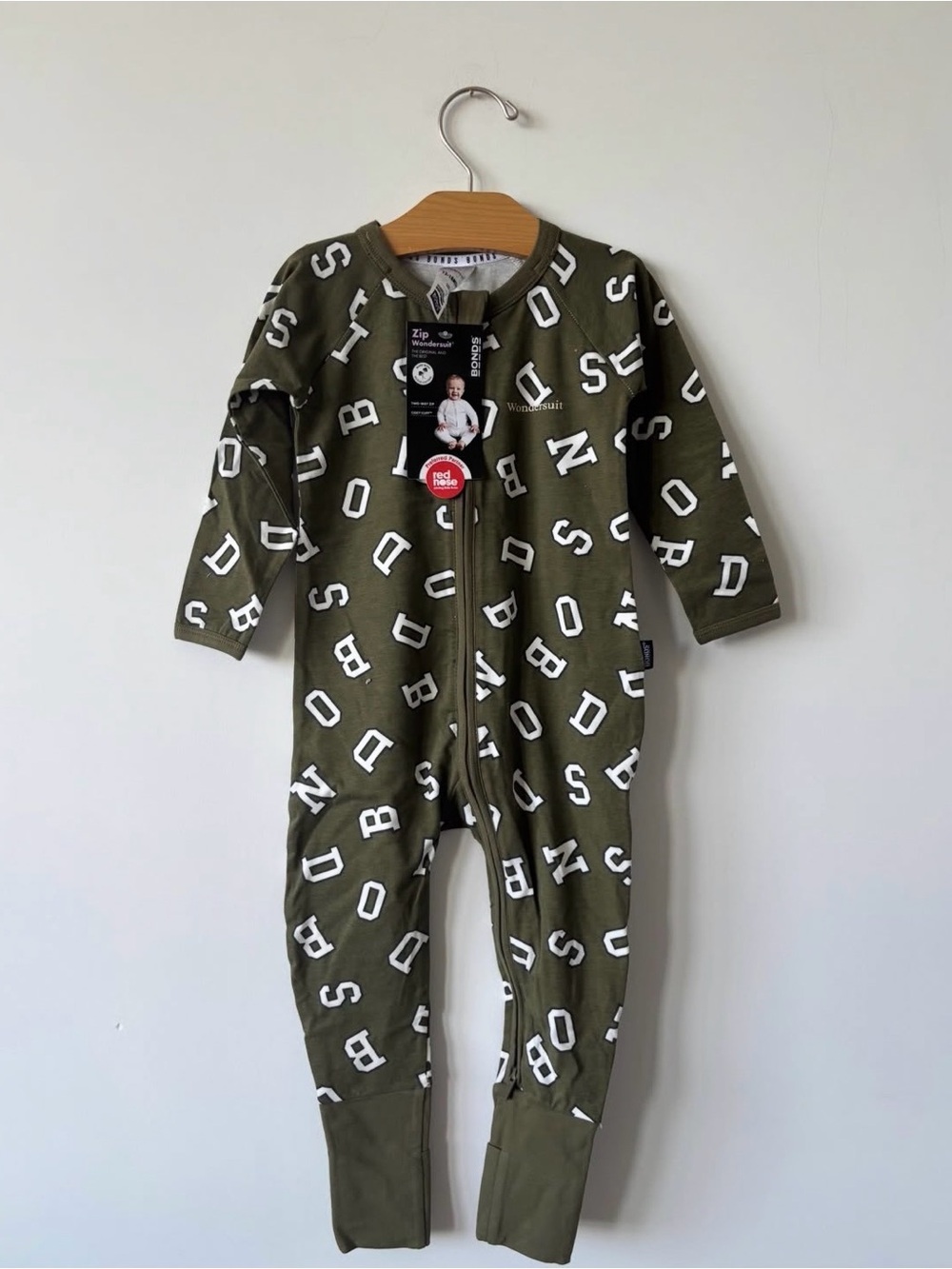 Bonds Olive Green Footed Zipper Onesie with White Letter Print